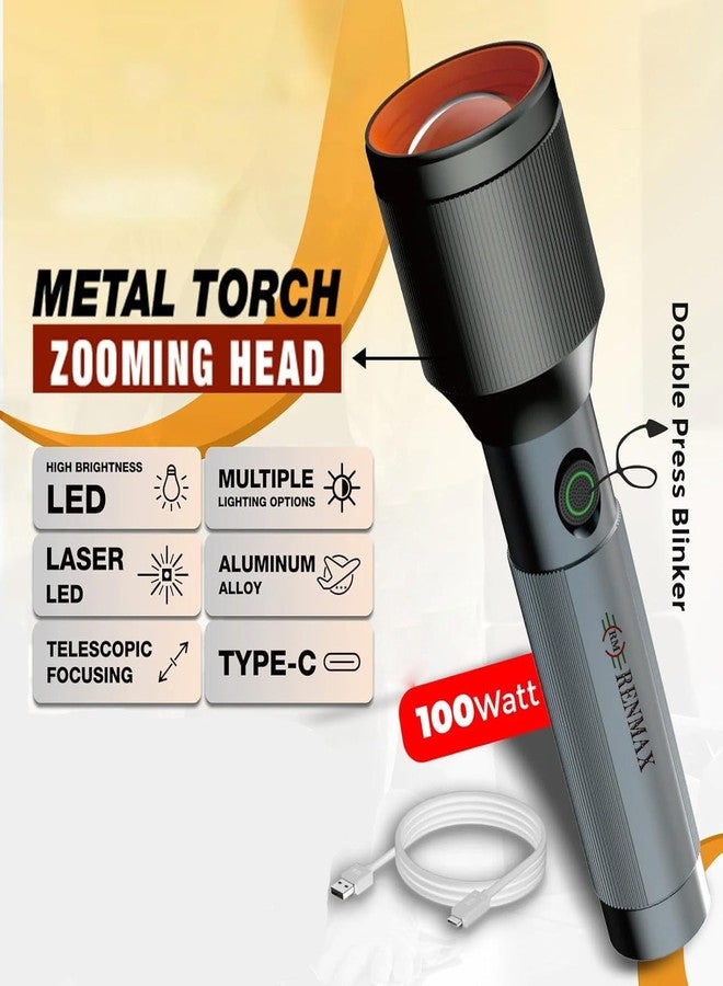 RENMAX Hand Torch Light 100W Zoom Focus Waterproof Rechargeable High/Low/Flash/SOS/Dimmable Light Modes LED Laser Flash Annodised Metal- 1Pc - Image 5